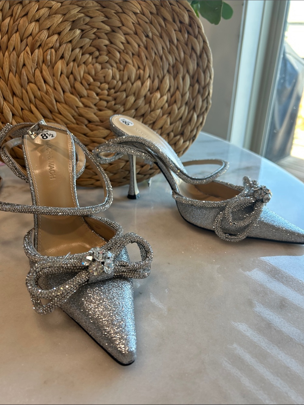MACH & MACH Silver Glitter Crystal Bow Pointed Slingback Heels